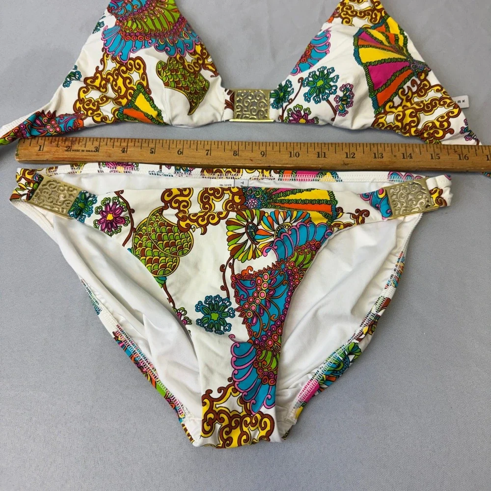 Trina Turk Floral Paisley Bikini Set Gold Filigree Hardware Halter Two Piece